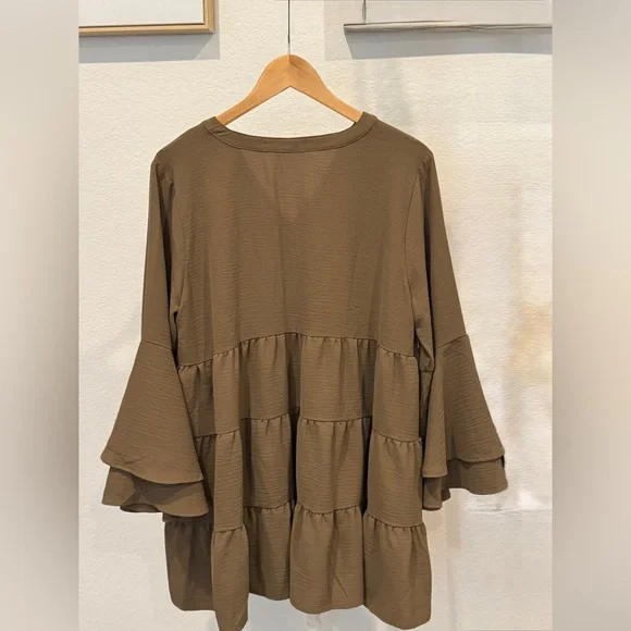 Impressions Brown Tiered Babydoll Tunic Dress Bell Sleeve Size XL NWOT - Picture 2 of 3